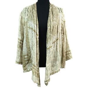 Chicos 2 LINEN Open Front Kimono Cardigan Crochet Gold Tan Boho Geometric Large